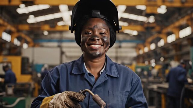 Female welder lifting helmet and smiling in factory. African American industrial worker with dirty face after welding metal
