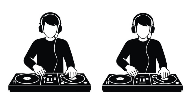 Two djs mixing music with turntables a striking silhouette