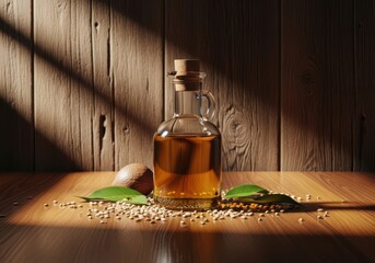 A glass bottle of sesame oil on a wooden table with sesame seeds and leaves on a rustic wooden background
