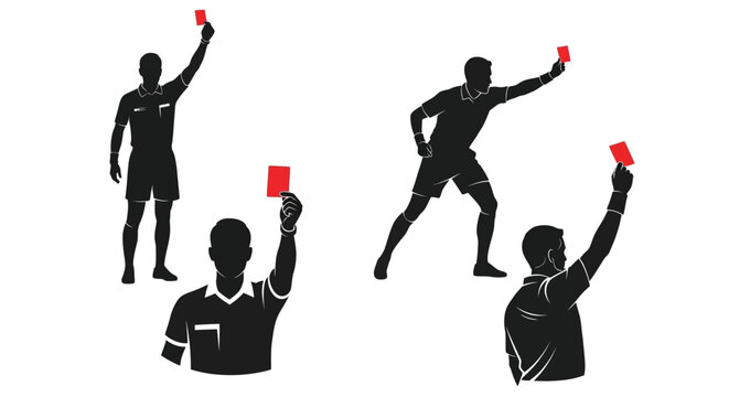 Soccer referees issuing red cards in dynamic poses a striking silhouette