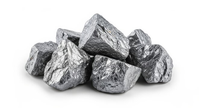 A pile of raw metallic silicon or manganese ore nuggets isolated on a white background.