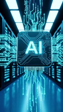 High tech computer chip with AI text in a server room with digital circuit lines and binary numbers flowing through the data center