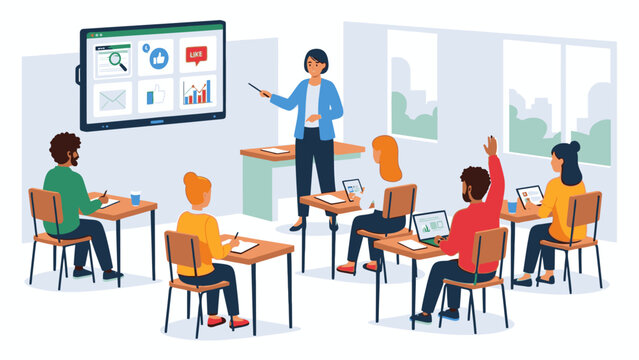 A teacher standing and pointing at a presentation on a screen in front of a classroom of students with laptops in a modern educational setting with a professional mood.