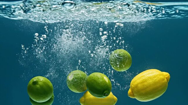Lemons and limes falling into water with a splash. Slow motion citrus fruit dropping into blue liquid with bubbles. Freshness and healthy food concept