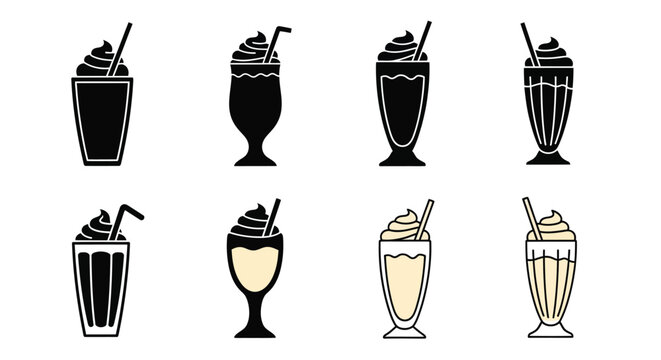 Various ice cream floats and milkshakes in dark and light tones silhouette