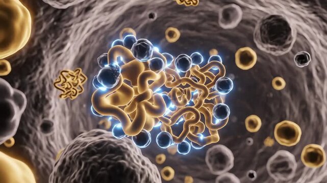 Protein misfolding triggered by oxidative imbalance, shown as glowing proteins losing their smooth shape and forming subtle irregular folds. Chaperone molecules drift in to stabilize them
