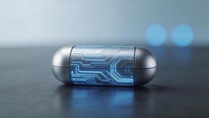 Futuristic capsule with glowing circuitry