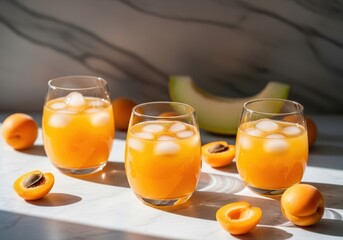 Glasses of refreshing orange juice with ice cubes and apricots on a white marble surface with fruit