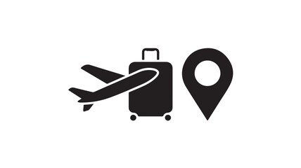 Travel Icon with Suitcase and Map Pin in Simple Flat Design with Black Color on White Background for Web Graphics