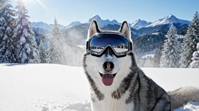 Siberian Husky wearing ski goggles in a snowy mountain landscape. Playful winter pet adventure. Dog enjoying the snow on a sunny day