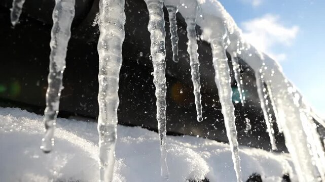 Close up of melting icicles hanging from a roof with snow. Winter scene with dripping water drops in sunlight