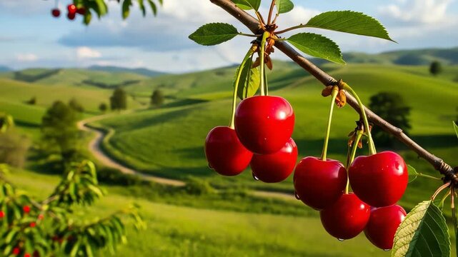 Vibrant red cherries hanging from a branch against a lush green hillside with a winding path