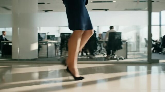 Side view of a businesswoman walking confidently in high heels in an office. Female professional striding through a corporate hallway. Business career concept