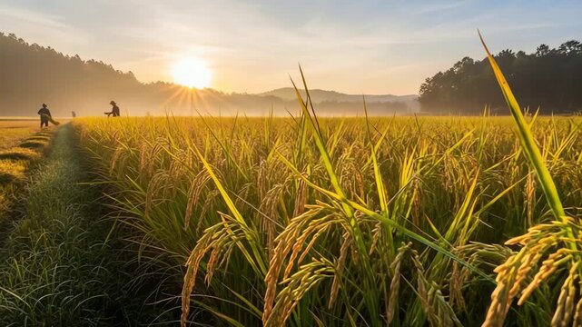 Golden rice fields at sunrise with farmers harvesting in the background, serene landscape