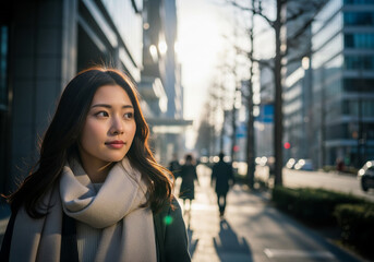 冬の柔らかな日差しが差し込む都会の街並みを歩くマフラー姿の女性