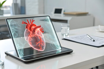 transparent glass tablet display heart anatomy in hospital