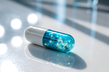 A macro shot of digital medical pill capsule, including white tablets, isolated on a clean surface for healthcare and pharmaceutical pharmacy concepts