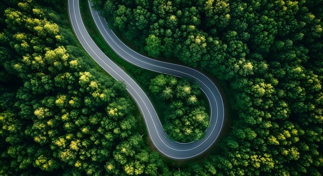 Top-down aerial drone view of tropical Indonesian rainforest, dense lush green canopy with rich natural texture, winding asphalt road forming elegant S-curve leading line through the forest