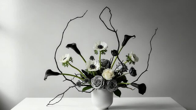 Elegant monochrome floral arrangement with anemones and calla lilies on a minimalist table