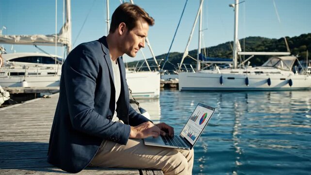 Businessman working on a laptop in a marina with yachts. Remote work and digital nomad lifestyle concept. Professional man analyzing data charts by the sea