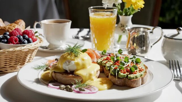 Delicious breakfast spread with eggs benedict croissants and fresh berries.