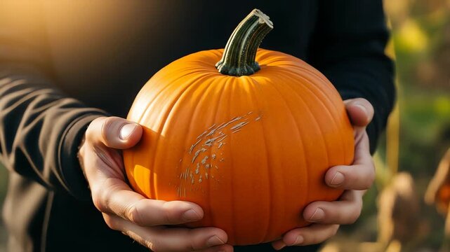 Person holding a vibrant orange pumpkin in a sunny pumpkin patch during autumn harvest