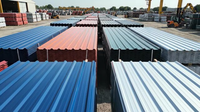 Elevated view of stacked corrugated metal roofing sheets. Symmetrical rows of colorful construction materials in an industrial depot. Logistics and distribution concept