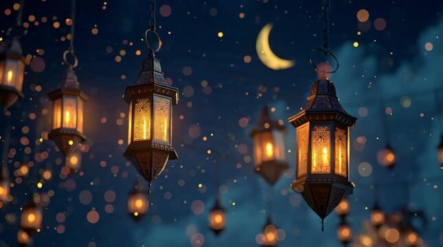 Hanging Ramadan Lanterns with Crescent Moon Night Animation Loop