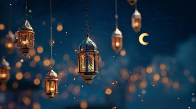 Hanging Ramadan Lanterns with Crescent Moon Night Animation Loop