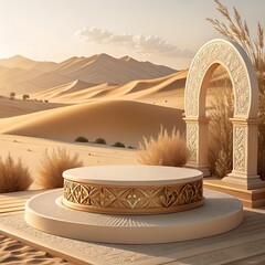 Luxury Sand Texture Podium in Warm Desert Tones Background.