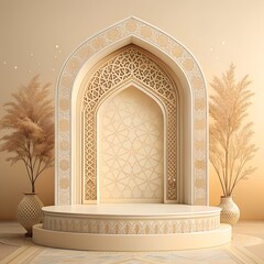 Elegant Islamic Arch Podium Background with Soft Beige Tones.