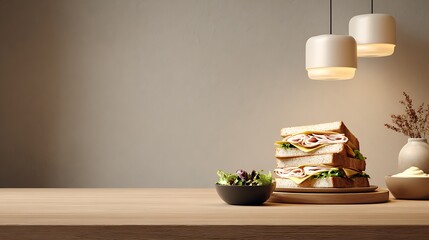 Sandwich and Salad Under Warm Lighting / 温かい照明の下のサンドイッチとサラダ
