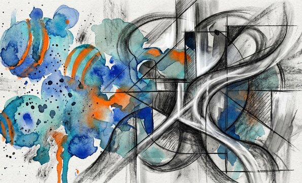 Abstract watercolor and charcoal artwork with flowing lines and organic shapes