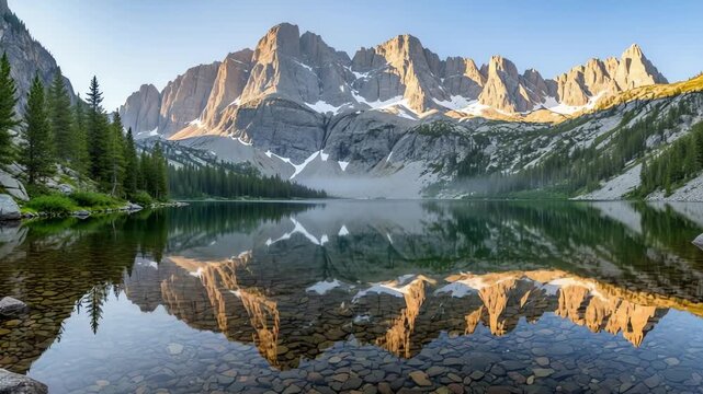 Majestic mountain landscape reflecting in a serene lake surrounded by lush greenery at dawn