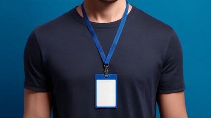 Man with Blue Lanyard on Blue Background / 青背景に青いランヤードをつけた男性