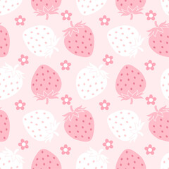 Fototapeta premium Soft pink strawberry pattern with tiny blossoms. Cute seamless design for summer, kids products, fabric, packaging, and sweet dessert themed backgrounds.