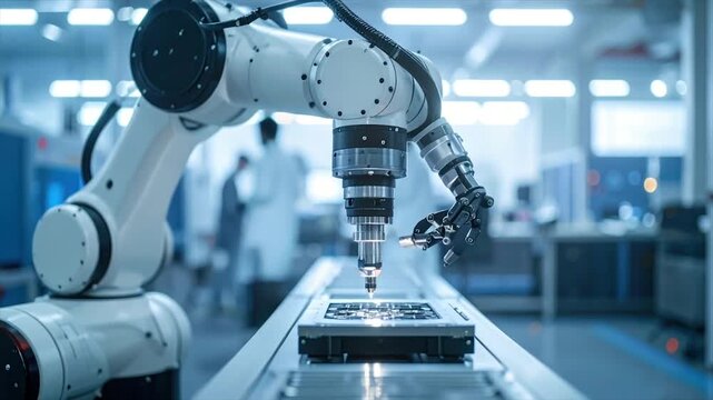 White robotic arm precisely works on a small electronic component in a factory setting