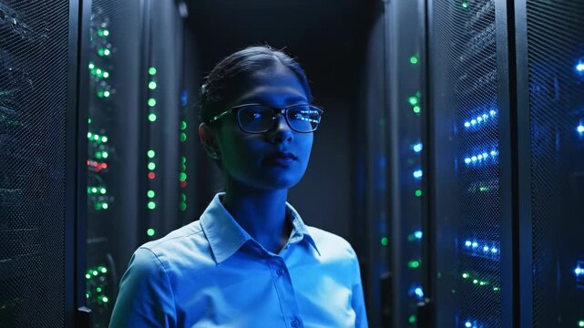 Female IT engineer working in a dark data center server room. Professional woman adjusting glasses among glowing server racks. Technology and cybersecurity concept