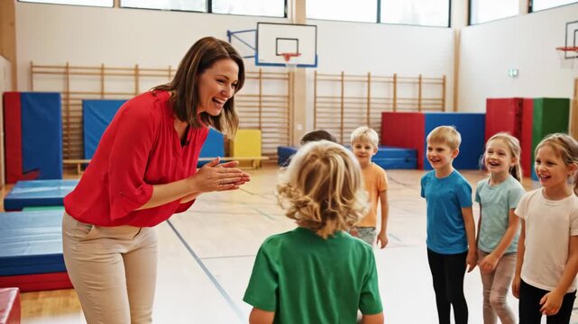 Female teacher clapping hands for excited children in school gym. Physical education class with happy kids jumping and playing. Early childhood development and active lifestyle concept