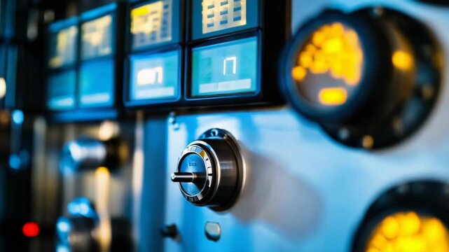 Control panel with illuminated gauges and dials monitoring operational systems, crucial for navigation, safety, and performance in advanced technological environments