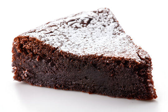 Slice of Dense Flourless Chocolate Almond Cake Torta Caprese with Powdered Sugar Decoration