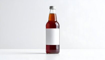 A tall, slender glass bottle with a silver cap and a blank white label