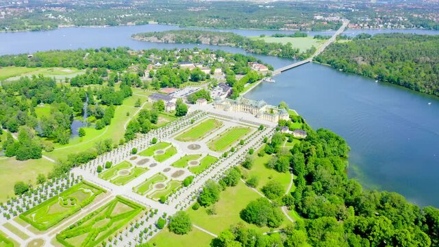 Stockholm, Sweden. Drottningholm. Drottningholms Slott. Well-preserved royal residence with a Chinese pavilion, theater and gardens. Drone footage, Point of interest