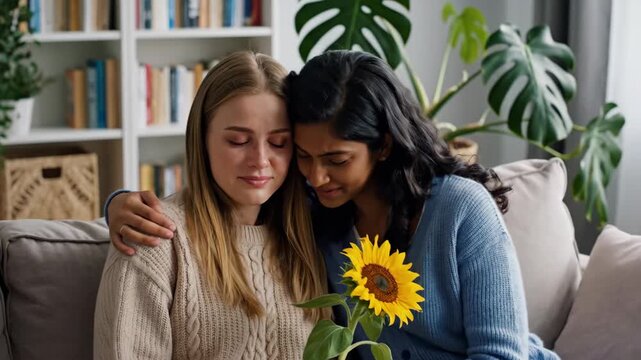 Woman comforting a sad friend with a sunflower. Supportive hug for an upset woman at home. Empathy and friendship concept