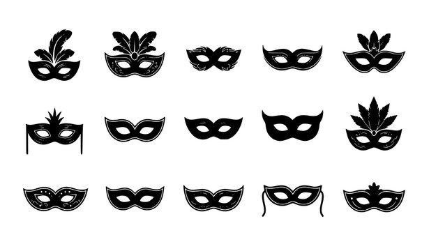 Carnival mask silhouettes icon set with black masquerade vector illustrations for party and Halloween