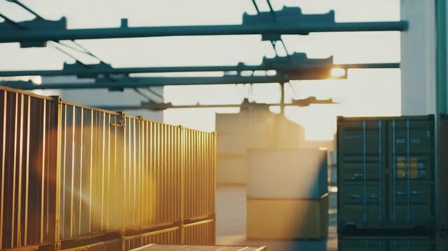 Rows of stacked cargo containers stand ready for shipping and global logistics, illuminated by warm sunlight during golden hour at an industrial trade depot