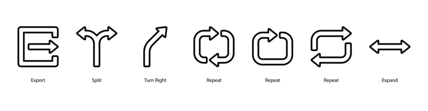 Workflow and Routing web banner vector illustration featuring Export, Split, Turn Right, Repeat, Repeat, Repeat, and Expand, representing workflow, process cycles, and data routing.