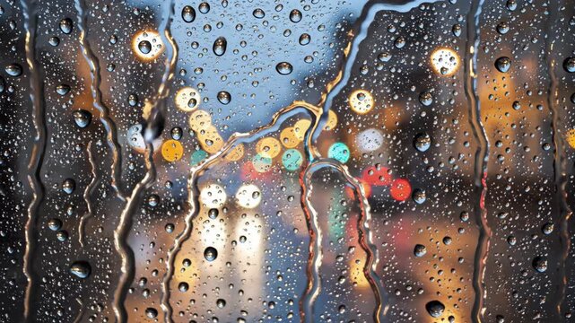 Raindrops on a window pane with blurred city lights. Close-up of water droplets on glass during a rainy night. Urban bokeh background