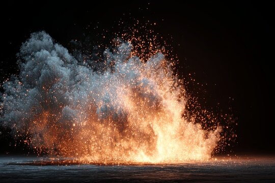 High-speed dust explosion, ground impact cloud, subtle volumetric light, vfx render, isolated on black, high resolution, 4k,