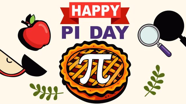 Festive Happy Pi Day background featuring pie with pi symbol, apple slice and magnifier. Ideal for March 14 math celebration, school events, science promotions and educational content.